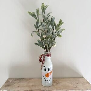 Handmade Winter Artificial Frosted Plant Snowman Arrangement Hand Painted Vase